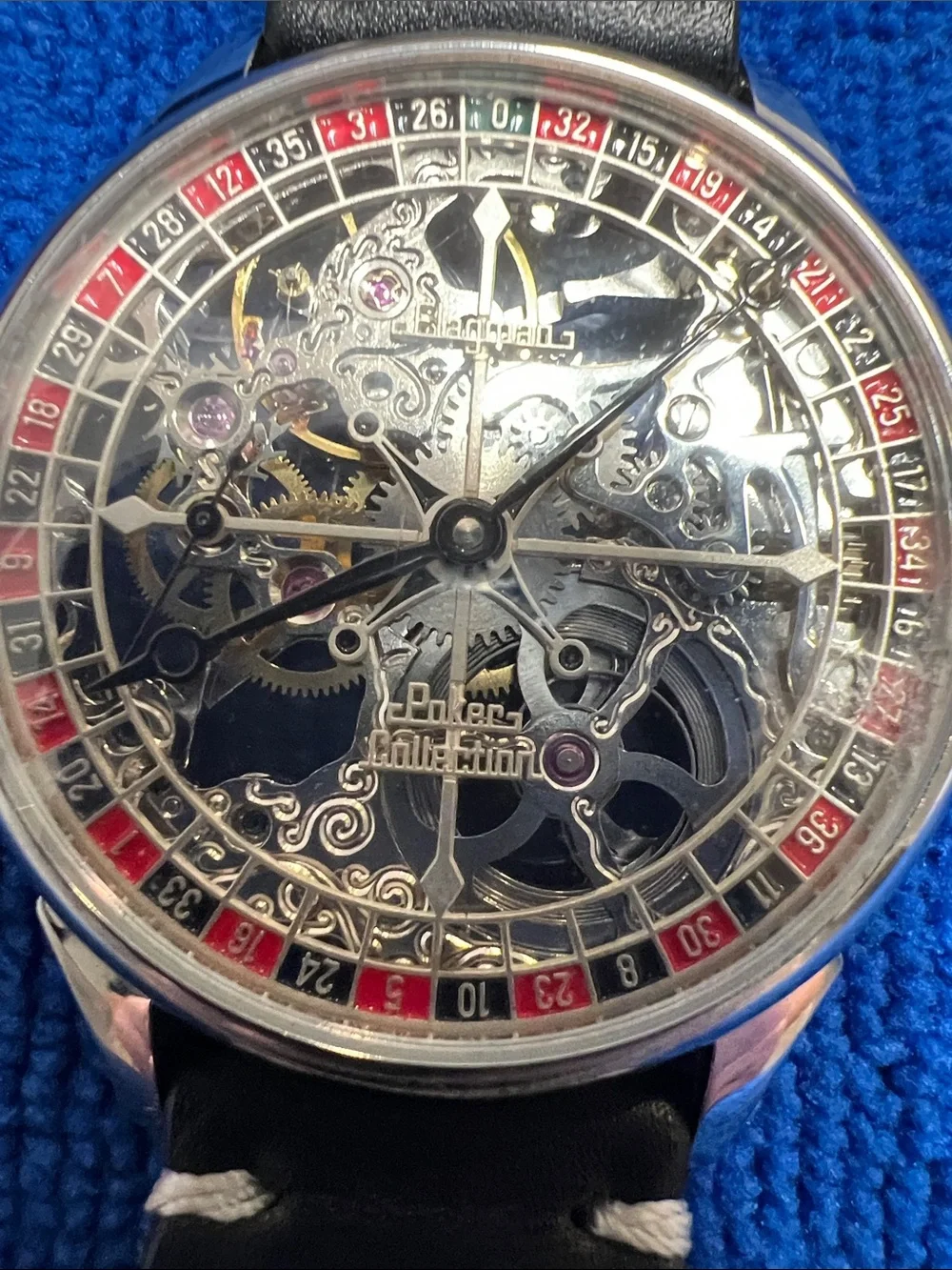 This is a Flagman & Co. Roulette 1.0 mechanical watch witha skeletonized back